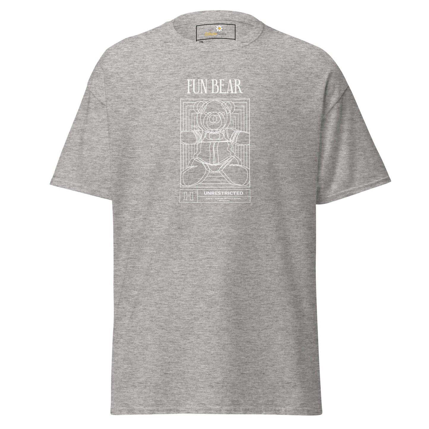 Gray t-shirt with a bear design.