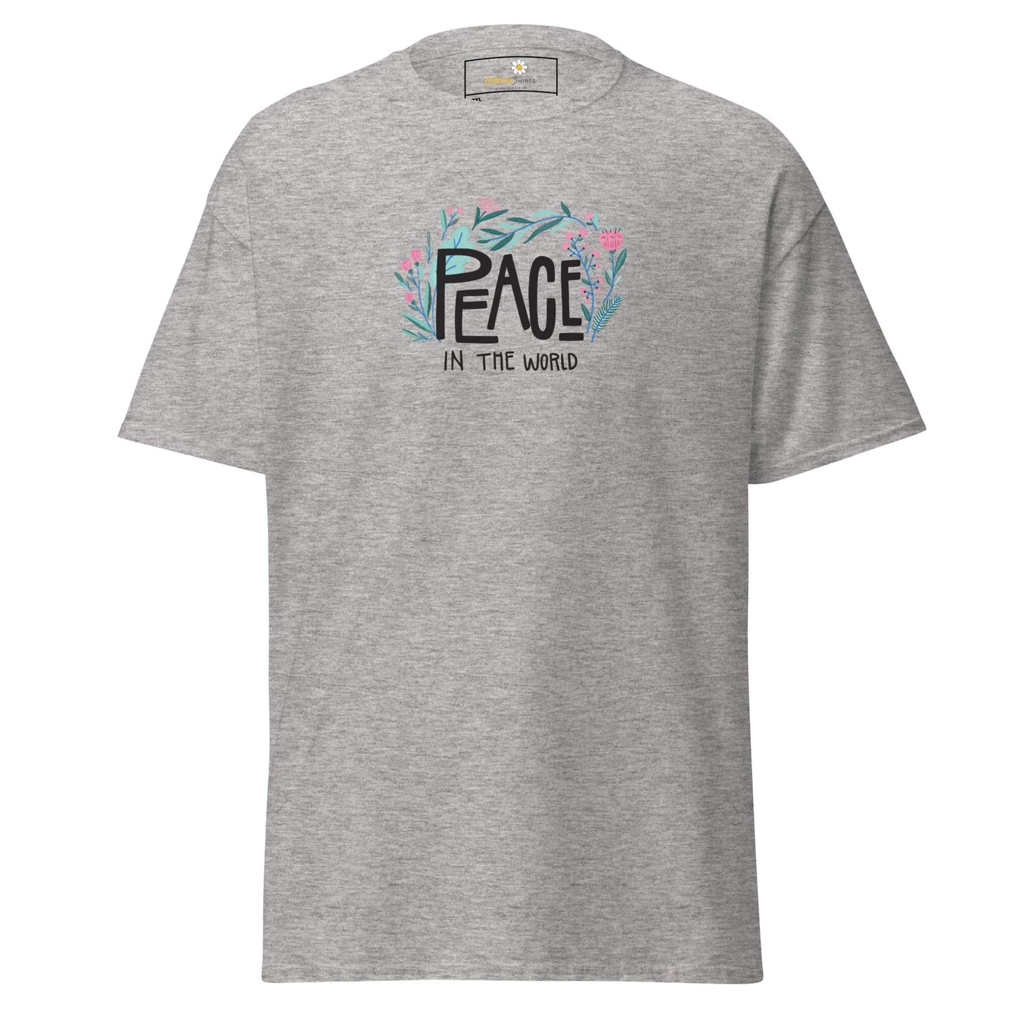 Gray T-shirt with Peace in the World design for men and women in sizes 2XL to 5XL
