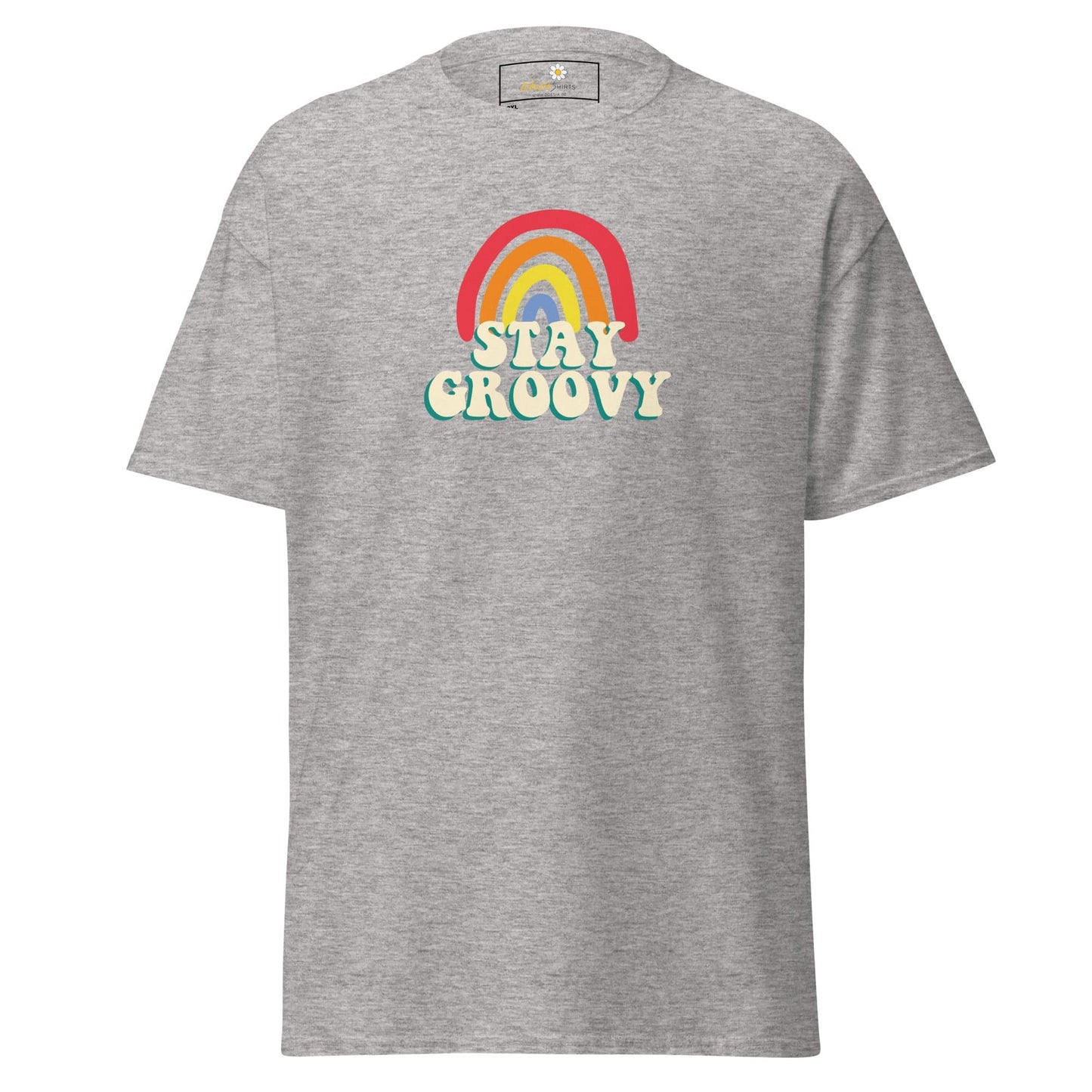 Gray t-shirt with rainbow and text.