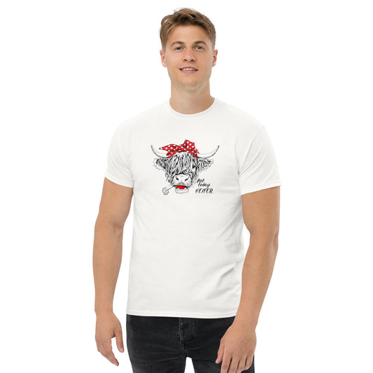 White t-shirt with cow graphic.